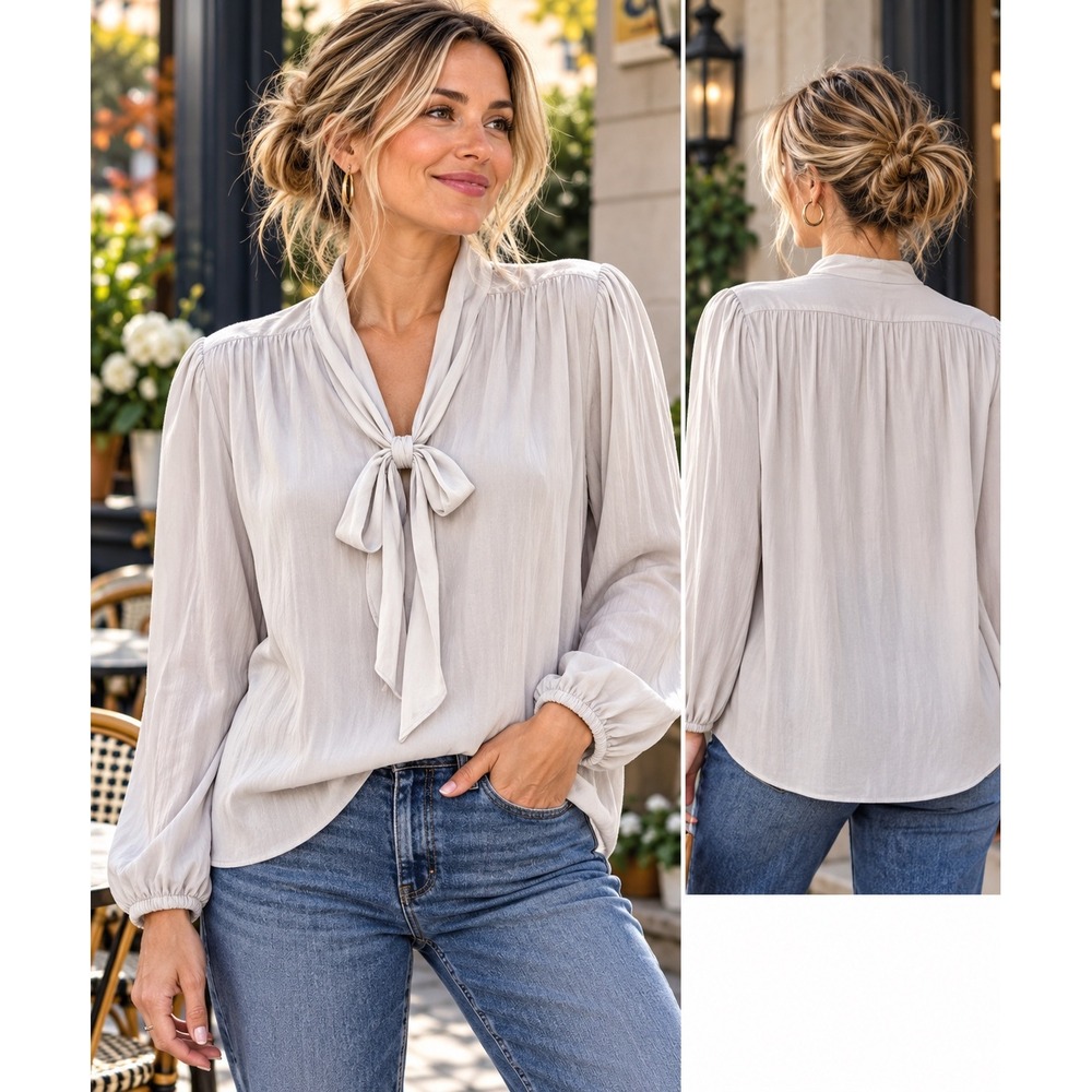 Maison d'Amélie Paris XL Light Gray Tie Neck Bow Blouse Quiet Luxury